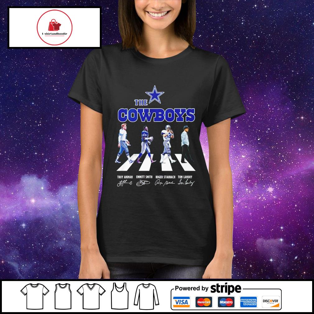 Official The Cowboys Roger Staubach Emmitt Smith Troy Aikman Tom Landry  signatures Abbey Road shirt., hoodie, sweater, long sleeve and tank top